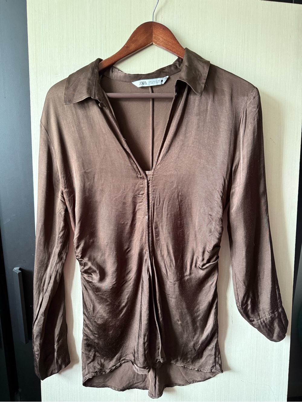 Zara Satin Brown Collared V-Neck Top